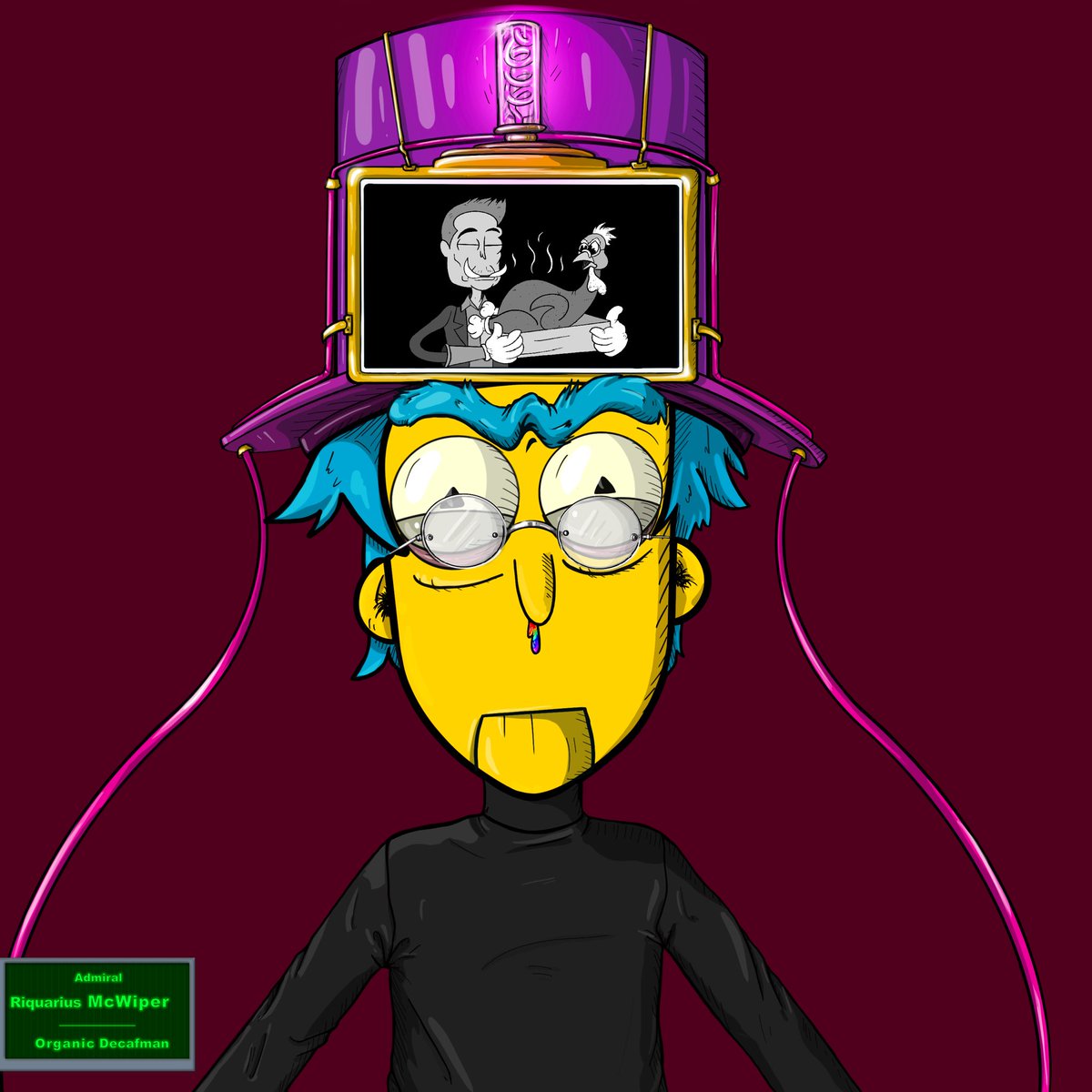 TECHRIDERmag's tweet photo. His name’s Riquarius McWiper aka Organic Decafman!
He has a Simpsonish yellow body Color, A top hat,
a nightmare of a thanksgiving dinner where he is being cooked as a turkey by Elon Tusk 
And
He’s a decoy, Aparently Steve Jobs’s! [totally generative]
#GodHatesNFTees #freemint https://t.co/BVnXhra63h
