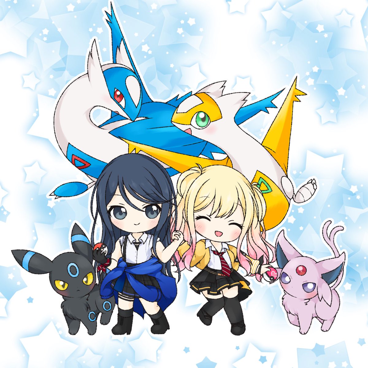 espeon starry background 2girls multiple girls clothes around waist pokemon (creature) skirt blonde hair  illustration images