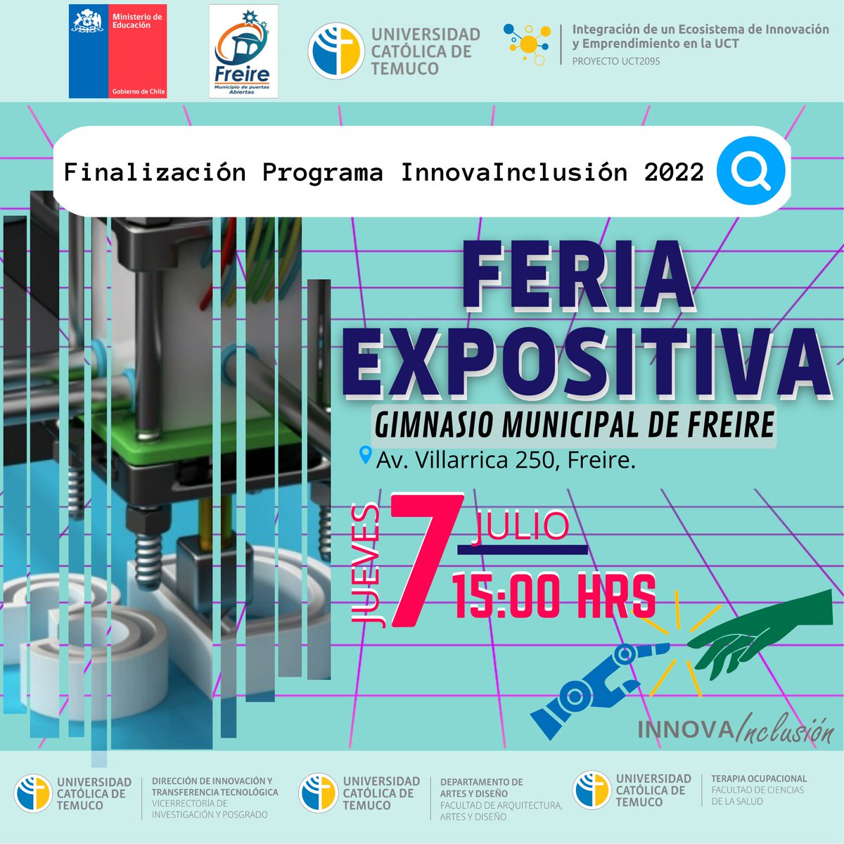 DIRITT_UCTemuco's tweet photo. Comunidad UCT: la Diritt con Diseño y T. O, en conjunto con la Municipalidad de Freire, les invita a participar de la feria: “Desafío Innova-Inclusión 2022”, el jueves 7 julio, a las 15.00 hrs, en el Gimnasio Municipal, ubicado en Av. Villarrica 250, Freire.

¡Les esperamos! https://t.co/8qOMcL2JPU