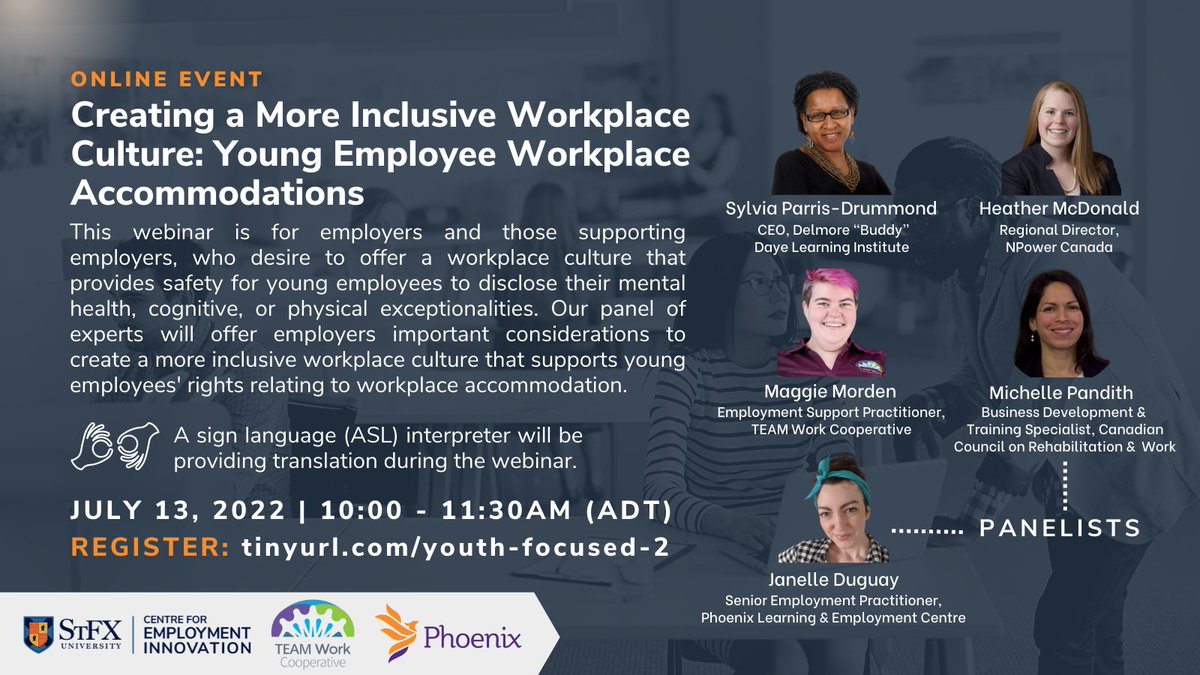 Next week! Join our panel of experts as they offer employers important considerations to create a more inclusive workplace culture that supports young employees' rights relating to workplace accommodation. Register: tinyurl.com/youth-focused-2 @TEAMWork1997 @PhoenixHfx