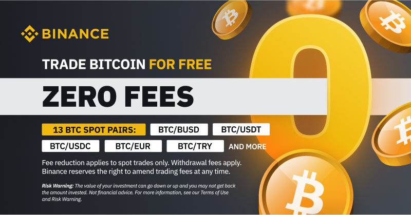 binance's tweet photo. Introducing zero-fee #Bitcoin spot trading on #Binance! 

To commemorate #BinanceTurns5, we’re eliminating fees on spot trading for 13 #BTC trading pairs, including $USDT, #BUSD, $USDC and $EUR.