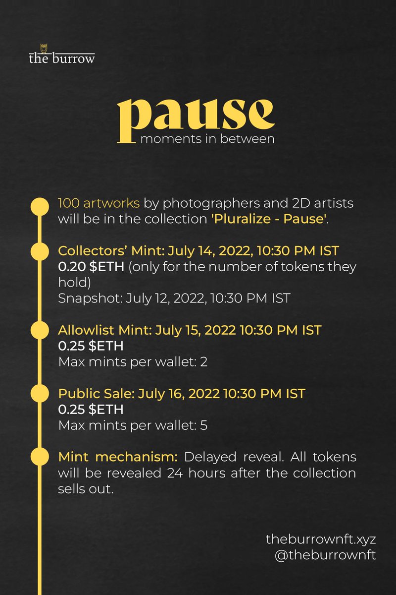 Can't wait for <a href="/theburrownft/">the burrow🦉</a> collection drop. 🔥 

100 unique 1/1
70 photographers &amp; 30 2D Artists
1 theme: Pause - the moments in between

🦉Collectors’ Mint: July 14
🦉 Allowlist Mint: July 15
🦉 Public Sale: July 16
theburrownft.xyz

DM <a href="/theburrownft/">the burrow🦉</a> for AL.