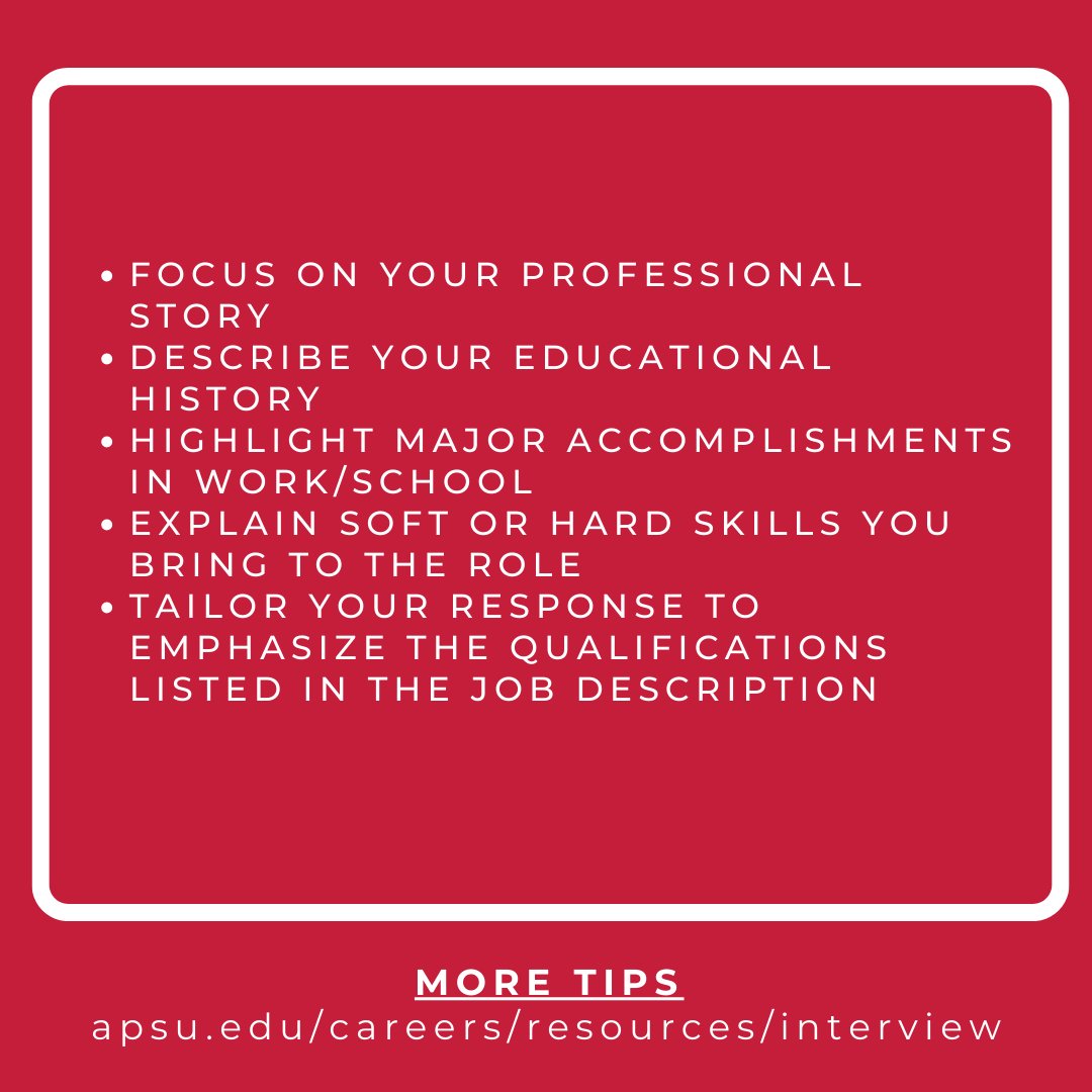 APSUJobs4Govs's tweet image. Check out these tips to give an amazing response to an introductory interview question. Schedule a mock interview appointment with Career Services for additional help.
SAVE this post for easy reference later!
#austinpeay #interviewhacks #jobs4govs