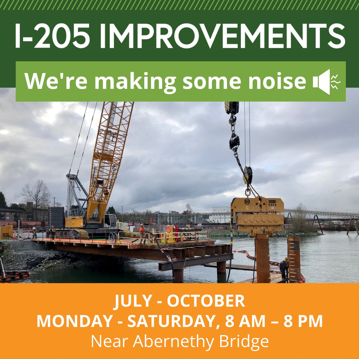 OregonDOT's tweet photo. #PDXtraffic: Pardon our noise! Pile driving has begun near the #AbernethyBridge. Expect crews working Mon-Sat, 8AM-8PM through October. If you hear construction overnight, please call our 24-hr Noise Hotline at 503-294-2115. 

Sign up for #I205 updates: https://t.co/nL072QIkyI https://t.co/BkUMozG06g