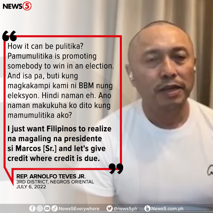 News5PH's tweet photo. "I JUST WANT FILIPINOS TO REALIZE NA MAGALING NA PRESIDENTE SI MARCOS [SR.]"

Ipinaliwanag ni Negros Oriental 3rd District Rep. Arnie Teves na hindi politically-motivated ang paghahain niya ng panukalang palitan ang pangalan ng Ninoy Aquino International Airport https://t.co/FmxUdVO8TR