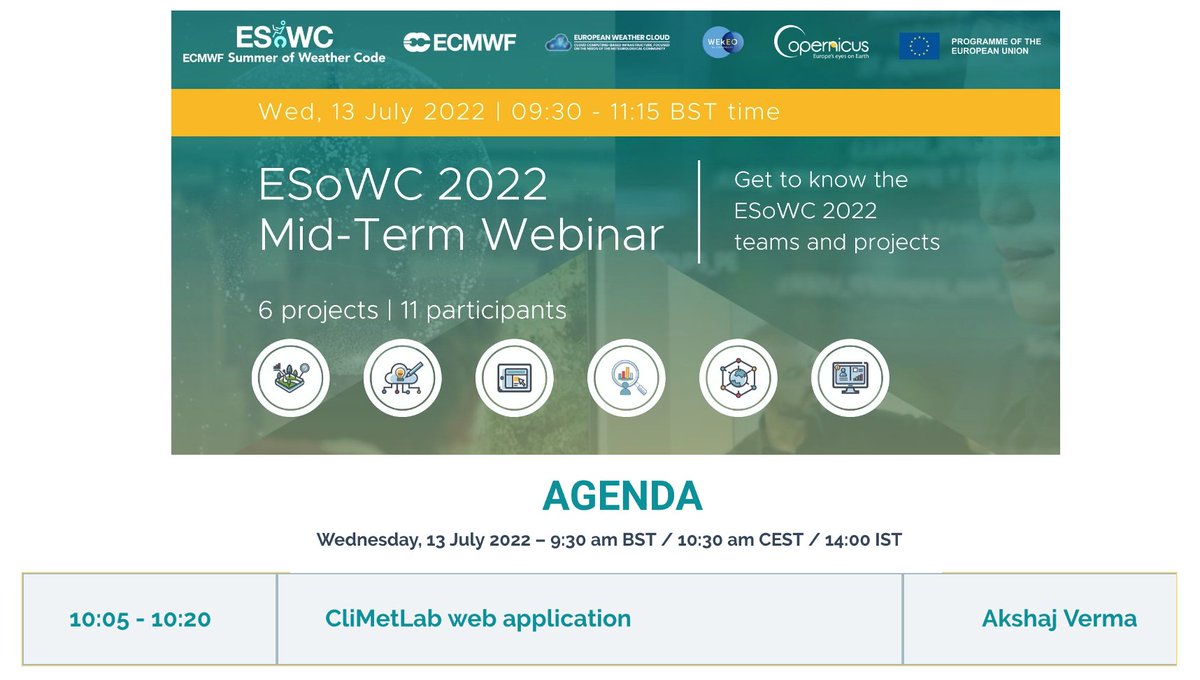 ECMWFCode4Earth's tweet photo. 📢 #ESoWC2022 Live Webinar❗
CliMetLab web application's team is developing a web-based graphical user interface to make #CliMetLab #Python features easier to utilise.
🎧 their first results on 13 July from 10:05 to 10:20 BST
Register👉https://t.co/ycvAbTLqe5
@ECMWF https://t.co/m2OD2iQ2pu