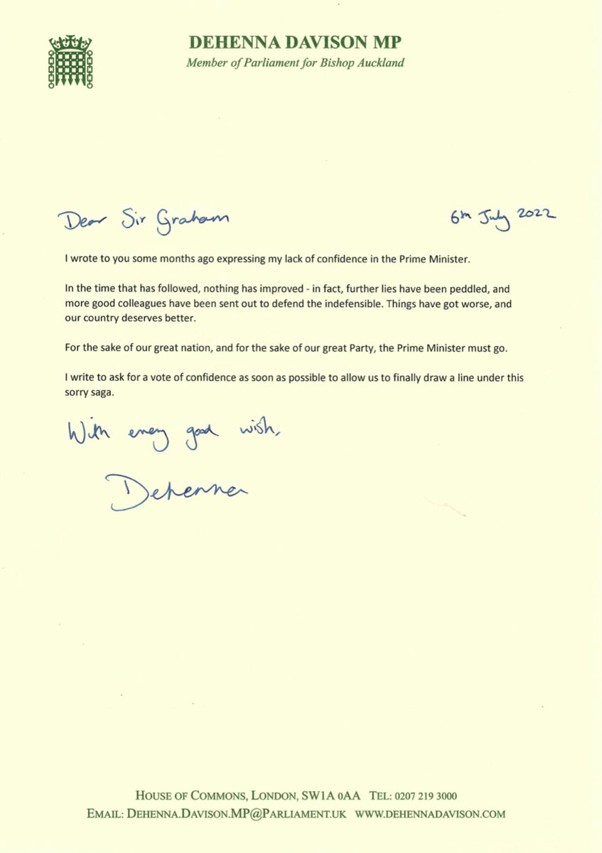 DehennaDavison's tweet photo. I have submitted a second letter to Sir Graham Brady. Enough is enough. https://t.co/5LsqqY2TFc