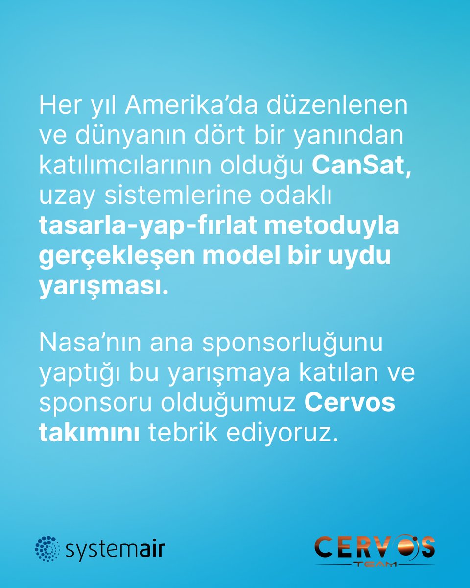 Hacettepe Üniversitesi HUUAV öğrenci topluluğu bünyesinde kurulan CERVOS takımı, her yıl Amerika’da düzenlenen CanSat yarışmasında bu yıl Dünya 5.si oldu! CERVOS gibi genç mühendisleri her zaman destekliyor, elde ettikleri başarılarla gurur duyuyoruz!
