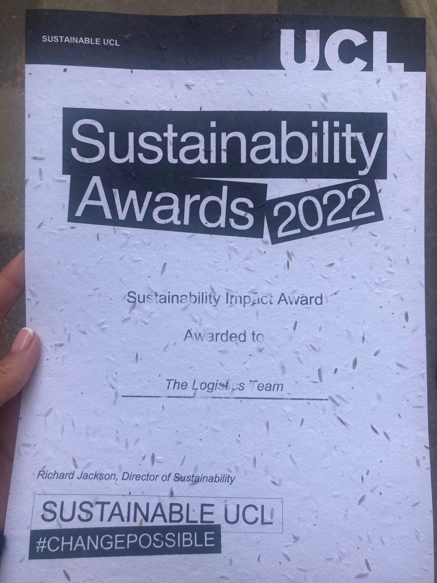 UCLogisticsMail's tweet photo. Congratulations to our UCL Logistics Team for winning the Sustainability Impact Award at the UCL Sustainability Awards today 🏆 What a brilliant afternoon and congrats to all of the nominees! #ucl #logistics #sustainability #sustainabilityawards #greenimpact https://t.co/RR1BdlYf2Z