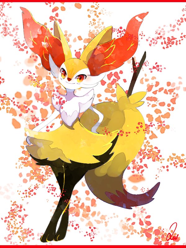 braixen pokemon (creature) solo animal ear fluff stick smile furry white fur  illustration images