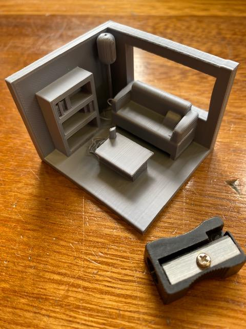 A superb little 3d print from one of our Year 9 students who has drawn part of her living room from scratch using ONSHAPE. (Pencil sharpener for scale) <a href="/Hymers_College/">Hymers College</a>