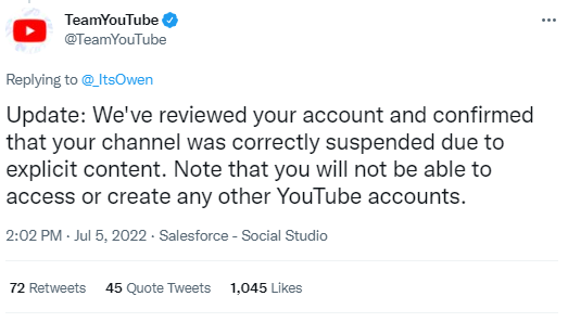 YouTube has confirmed the termination of ItsOwen following his clickbait of Technoblade's death