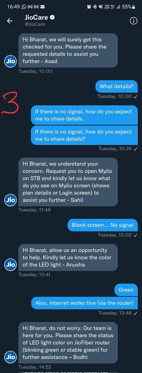 nocabbagesbj's tweet photo. Snapshots of conversation with @JioCare @reliancejio since Sunday; lousy support service; all they do is to mouth *we are here for you*. Since yesterday they haven't even bothered to reply. https://t.co/GcYzKTXjUN