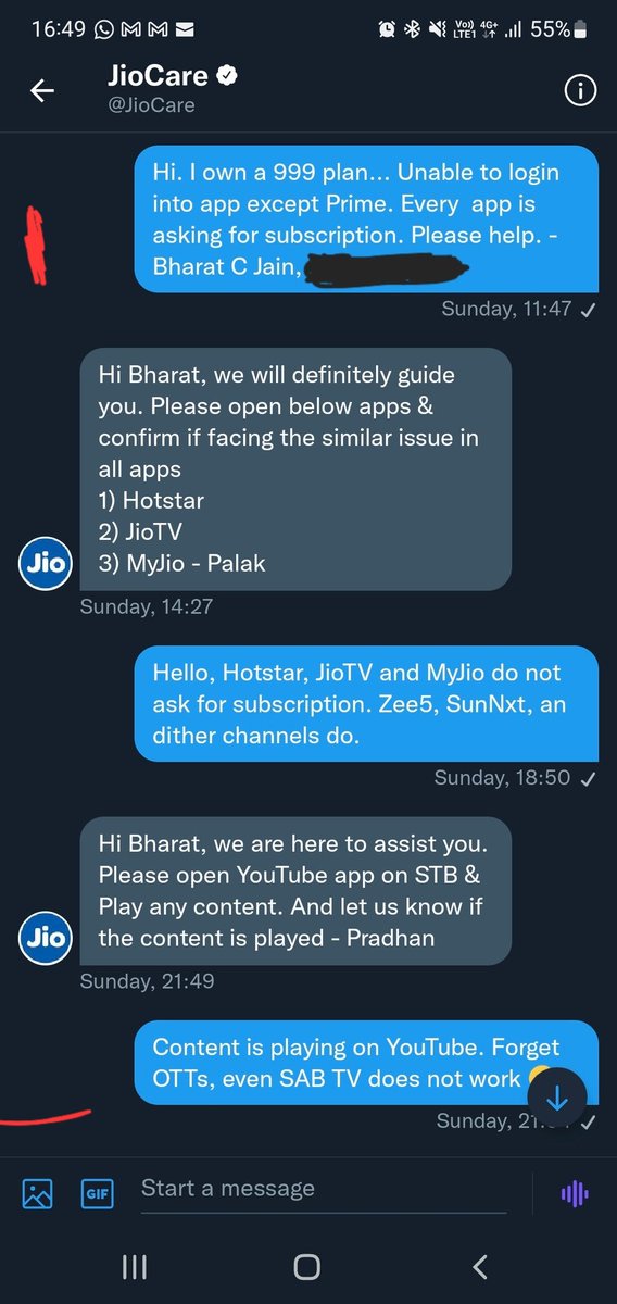 nocabbagesbj's tweet photo. Snapshots of conversation with @JioCare @reliancejio since Sunday; lousy support service; all they do is to mouth *we are here for you*. Since yesterday they haven't even bothered to reply. https://t.co/GcYzKTXjUN