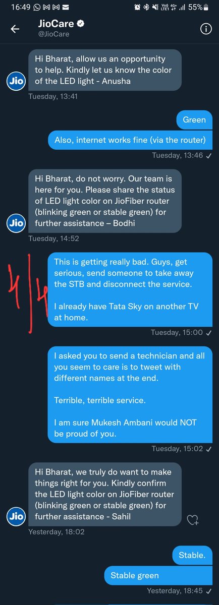 nocabbagesbj's tweet photo. Snapshots of conversation with @JioCare @reliancejio since Sunday; lousy support service; all they do is to mouth *we are here for you*. Since yesterday they haven't even bothered to reply. https://t.co/GcYzKTXjUN