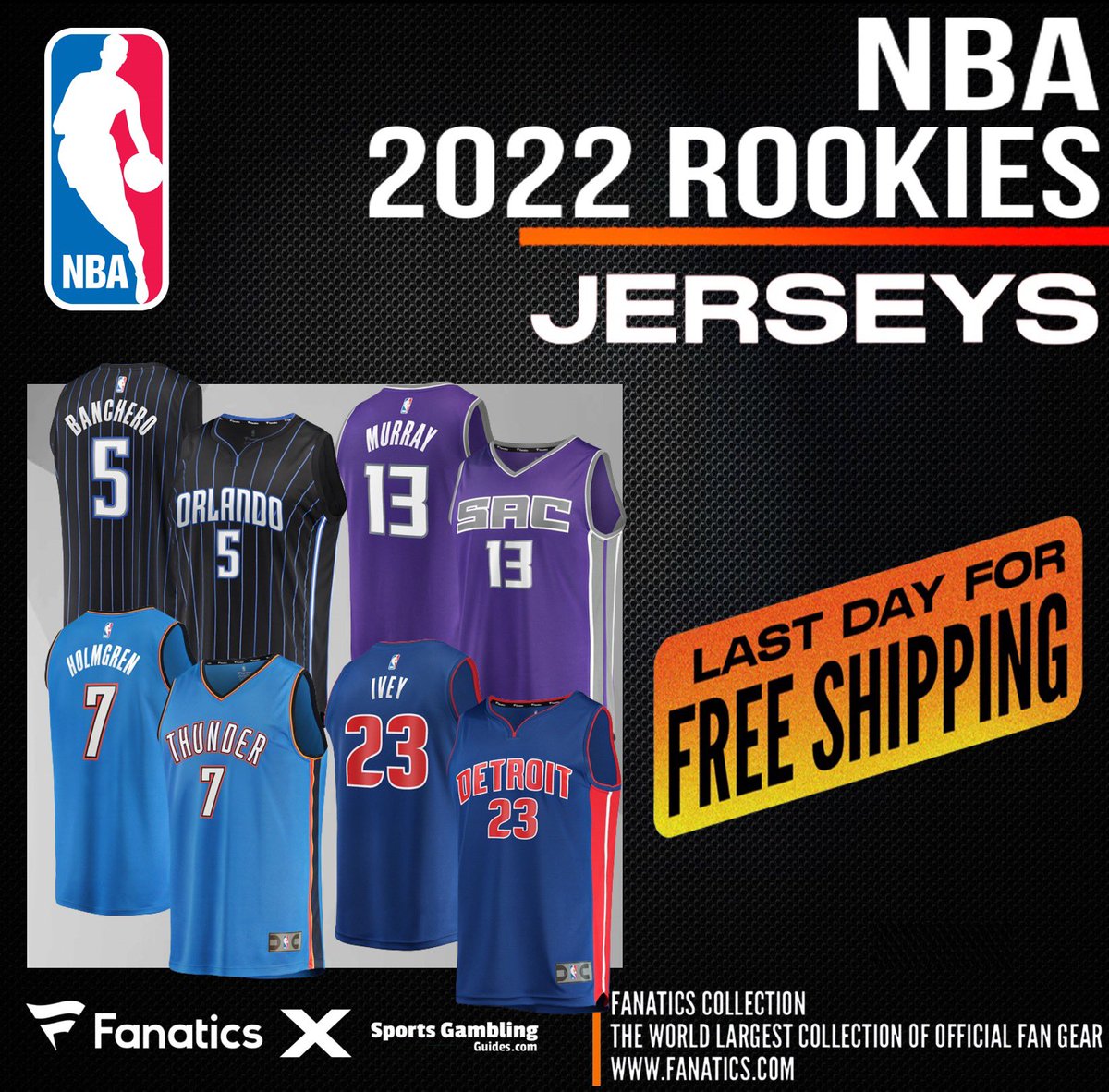 NBA ROOKIE JERSEYS NOW AVAILABLE, <a href="/Fanatics/">Fanatics</a>, FREE SHIPPING TODAY ONLY! 🏆

Order your 2022 NBA Rookie jersey thanks to Fanatics and get FREE SHIPPING using THIS PROMO LINK: fanatics.93n6tx.net/2022ROOKIES 📈

DEAL ENDS TONIGHT! 🤝