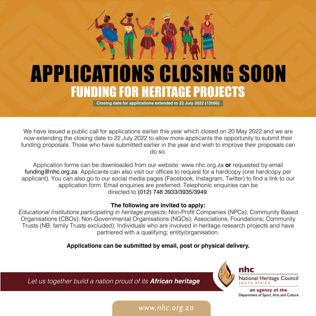 NHCSouthAfrica's tweet photo. We have reopened the call for applications of heritage projects closing on Friday, 22 July 2022. 

Click here for more information on our requirements, criteria to qualify for our funding: https://t.co/gucsJbDFg3 

#HeritageFunding #2022NHCFunding #HeritageProjects https://t.co/Rbw2dwBUy1