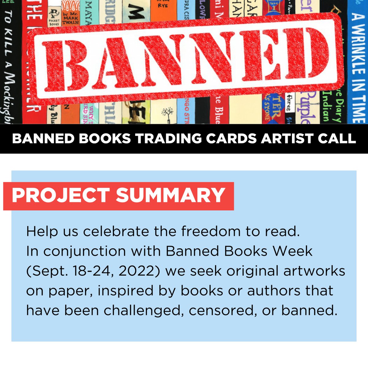 chpublib's tweet photo. Calling all artists ✨We're bringing back Banned Books Trading Cards in 2022! Submissions for original artwork inspired by books or authors that have been challenged, censored, or banned are now open. (1/3 🧵) https://t.co/0w2BMTbHtg