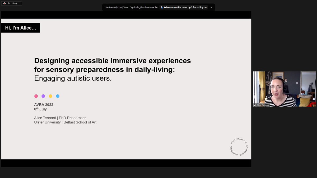 AVRA 2023 (@avra2022) on Twitter photo Our next presentation will be by Alice Tennant based on her research on designing accessible immersive interfaces for sensory preparedness in daily-living: Engaging autistic users #vr #research #autism #neurodiversity #phd #immersive Our next presentation will be by Alice Tennant based on her research on designing accessible immersive interfaces for sensory preparedness in daily-living: Engaging autistic users #vr #research #autism #neurodiversity #phd #immersive