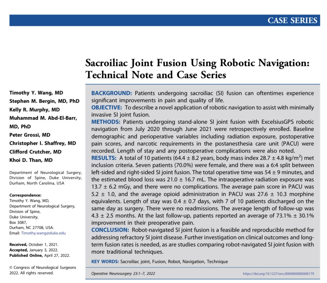 JohnHShinMD's tweet photo. Technical pearls on Sacroiliac Joint Fusion Using Robotic Navigation. Read the latest from @y_timothy @abdelbarrspine @KhoiThanMD featured this month in Operative @NeurosurgeryCNS. @CNS_Update #neurosurgery 

https://t.co/WvjWZ2zE2B https://t.co/sNf12zKIgb