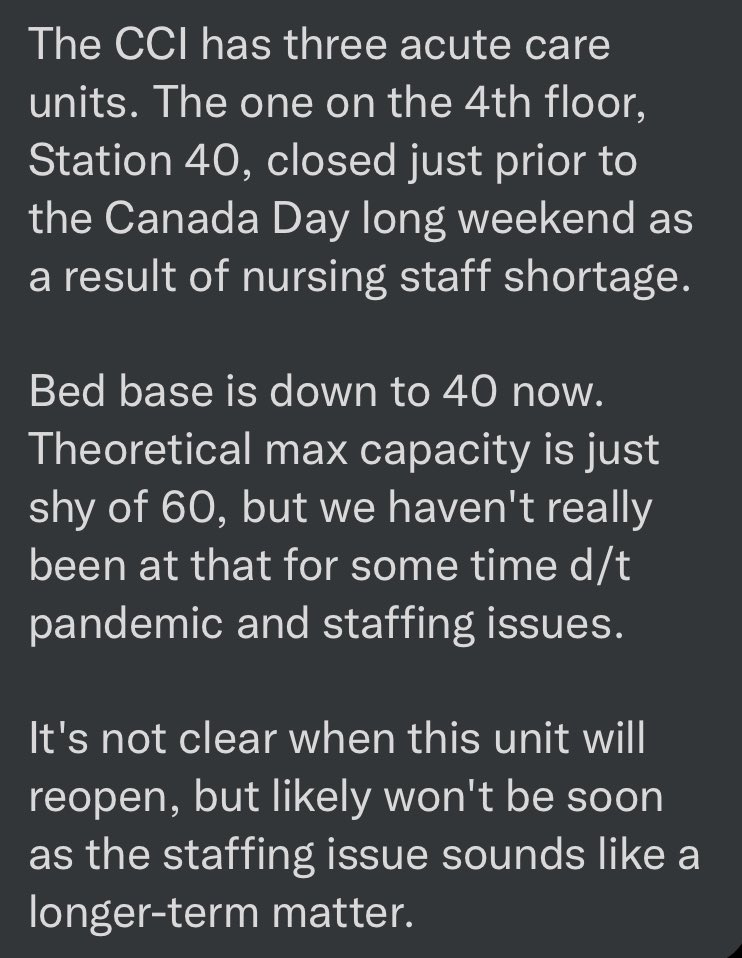 From the DMs. Edmonton’s cancer hospital has closed 1 of its 3 acute care units for an undefined period of time due to staffing shortages.