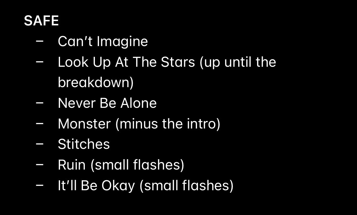 shawnuptodate's tweet photo. !! FLASH SONG WARNINGS !!

For those of you who are attending tour and have light sensitivities or are epileptic and want a heads up, here’s the list of songs by intensity level. 

*Some of those in the Moderate category could be in Heavy*

#WonderTheWorldTour #WonderTheTour https://t.co/BXF6LoV0t7
