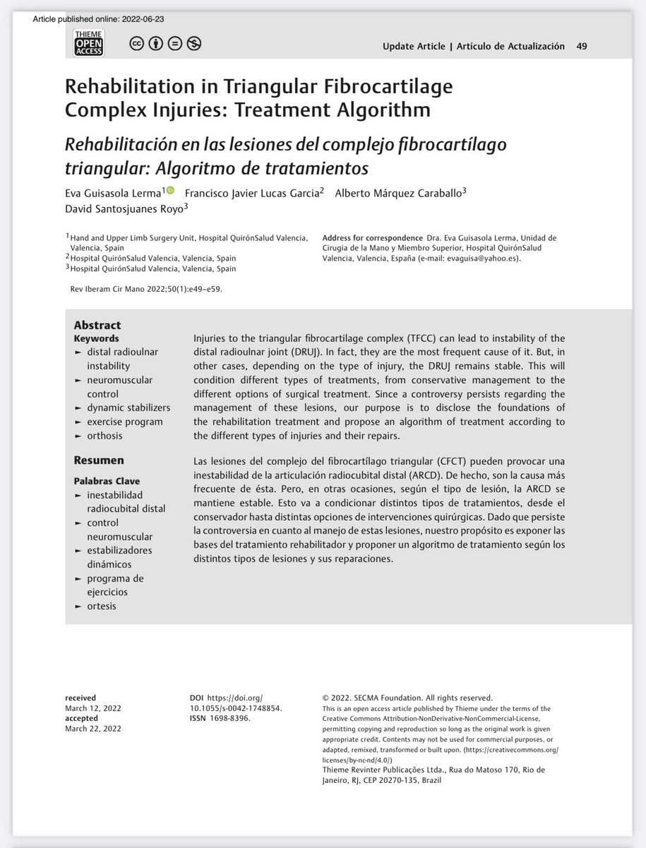 Rehabilitación en las lesiones del Complejo Fibrocartilago Triangular. Algoritmo de tratamientos. Publicado en el último número de la <a href="/rev_ibero_mano/">RICMA</a> 
thieme-connect.com/products/ejour…
