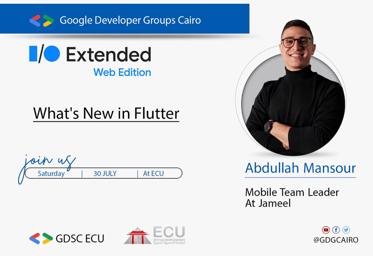 GDGCairo's tweet image. Let&apos;s Say welcome to our Speaker @abdullahmansss🔥

Abdullah will take the stage by storm to talk about the new features in flutter💥

Registration Form👇
forms.gle/vT5LBh11HAZi19…

See you there!😍

#GDG_Cairo #IOExtended22 #IOExtendedWebEdition #IOExtended22Cairo #GoogleIO2022