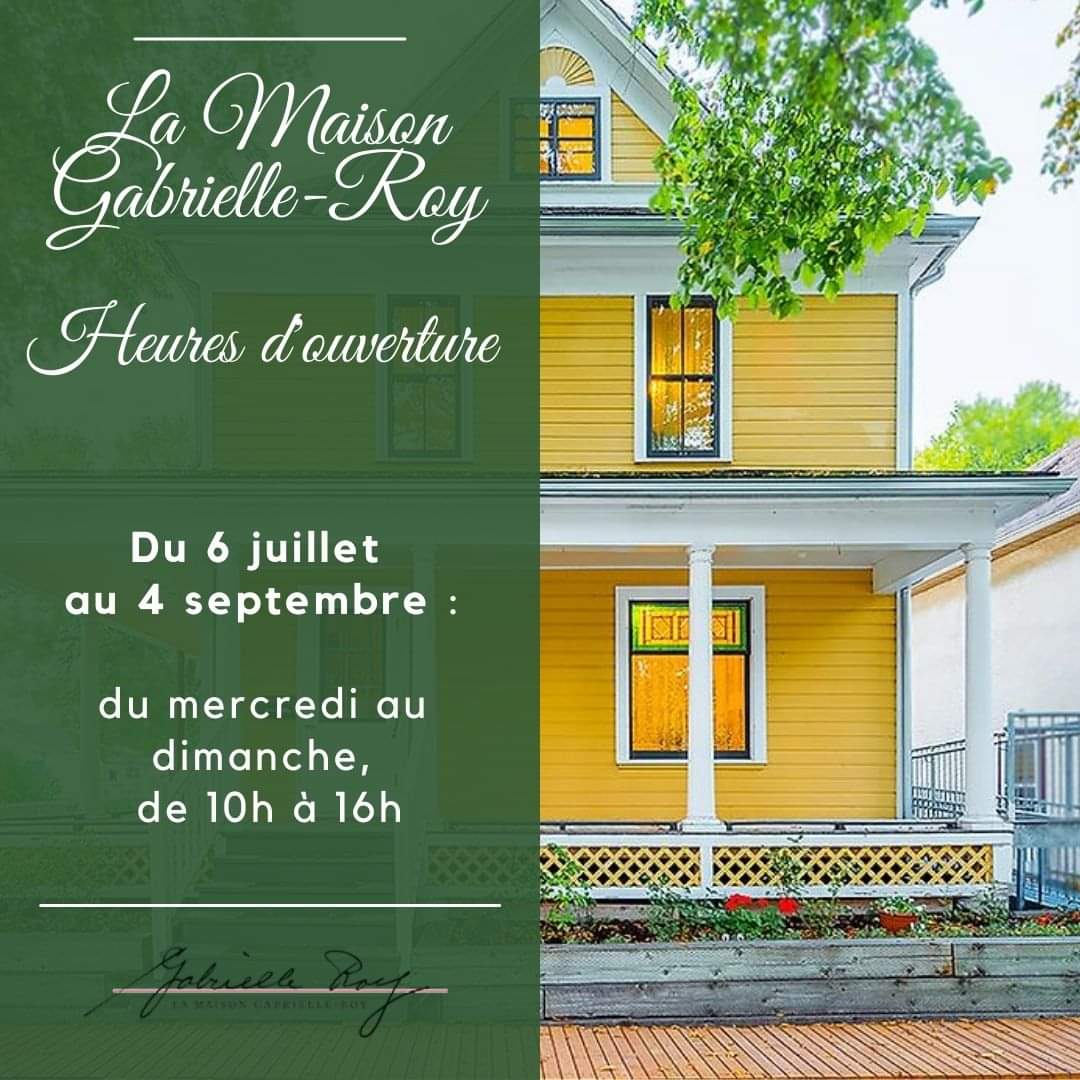 MaisonGabRoy's tweet photo. 📣 🕙La Maison Gabrielle-Roy est ouverte à partir d'aujourd'hui jusqu'au 4 septembre : du mercredi au dimanche inclusivement, de 10h à 16h. Profitez de ce bel été pour nous rendre visite 🤗

#MaisonGabrielleRoy #ouverture #été2022 https://t.co/Hn9wk9c3Zl