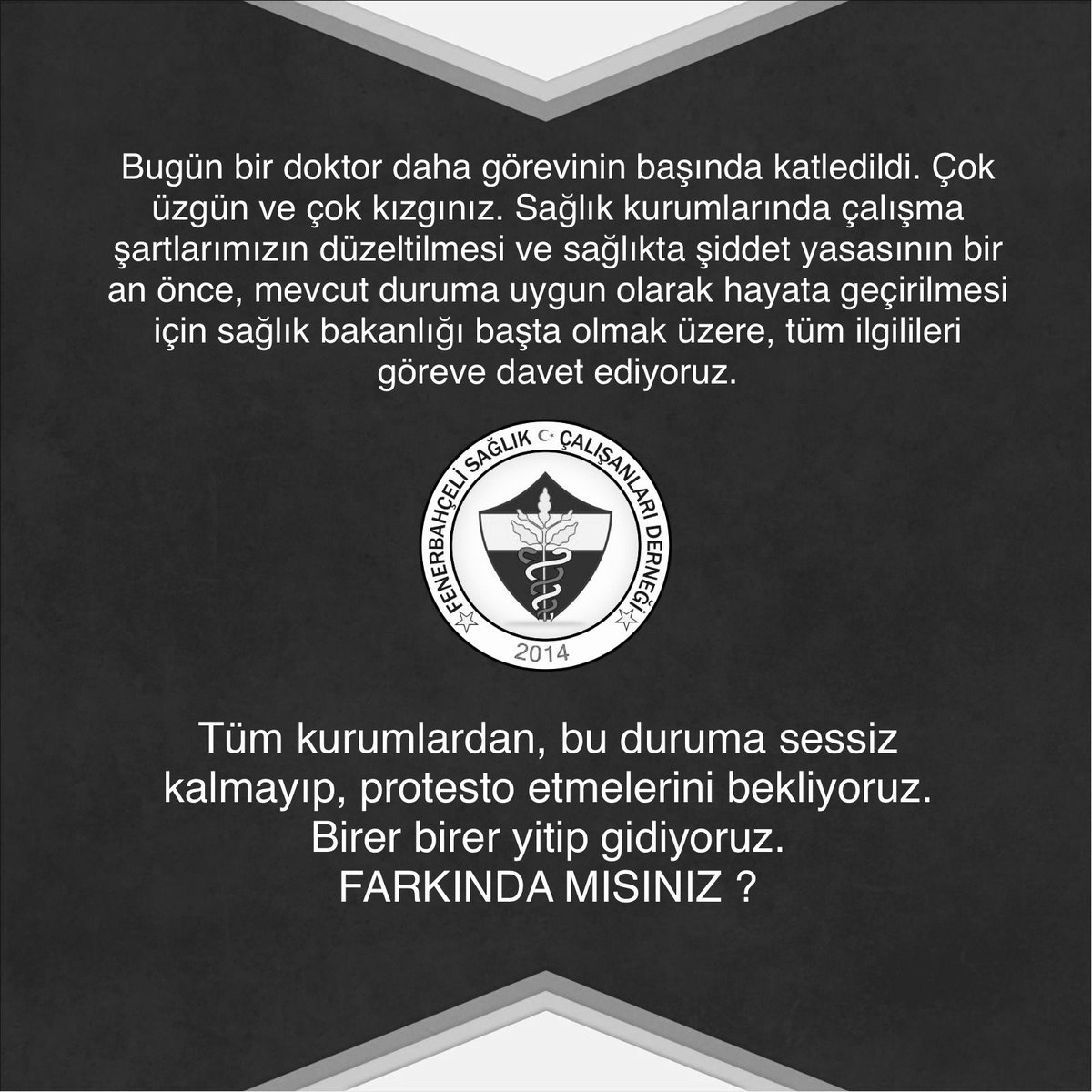 Tüm kurumlardan, bu gün Konya Şehir Hastanesi’nde yaşanan sağlıkta şiddet olayına sessiz kalmayıp, protesto etmelerini bekliyoruz. Birer birer yitip gidiyoruz. FARKINDA MISINIZ? <a href="/Fenerbahce/">Fenerbahçe SK</a>
#GörüyormusunFahrettinKoca
<a href="/saglikbakanligi/">T.C. Sağlık Bakanlığı</a> <a href="/drfahrettinkoca/">Dr. Fahrettin Koca</a>
#drekremkarakaya <a href="/TC_icisleri/">T.C. İçişleri Bakanlığı</a>
