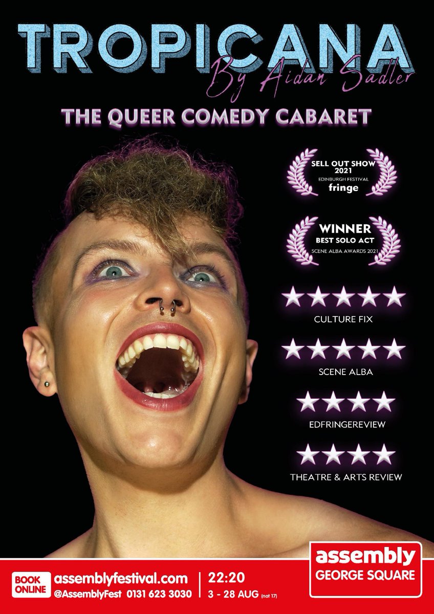 Here's our poster for this <a href="/edfringe/">Edinburgh Festival Fringe</a> at <a href="/AssemblyFest/">Assembly Festival</a> ! Quite surreal seeing their branding alongside mine!

Catch Tropicana at Blue Room (Venue 8) for the whole of August at 22.20! 80's synthwave, stand up comedy, award-winning gender bending nonsense!

tickets.edfringe.com/whats-on/aidan…