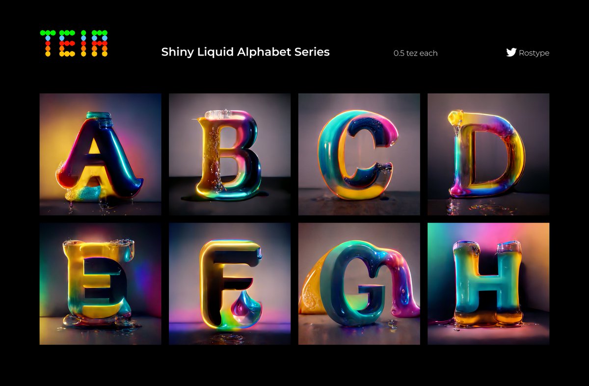 Just minted the new characters of the Shiny Liquid Alphabet Series 🎨 🌈 🔮 

0.5xtz each

Teia: teia.art/Rostype
Objkt: objkt.com/profile/tz1Y1x…

#teia #teiaart #objkt #tezosnft #hicetnunc #XTZ #CleanNFT #tezos #tezoscollectors  #type #NFTCommumity #nftcollector