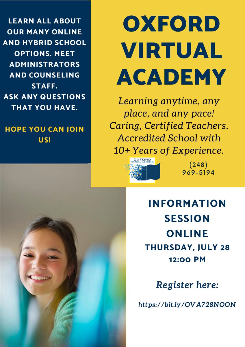 OxfordVirtual's tweet photo. Looking for schooling options? Accredited, flexible, online, DK-12th grade school with certified, caring teachers and staff. Drop in lab for in-person help. Learn more at our NOON information session on Thursday, July 28! Register here: https://t.co/dtWQQVnmyn https://t.co/WMm4AwYnEg