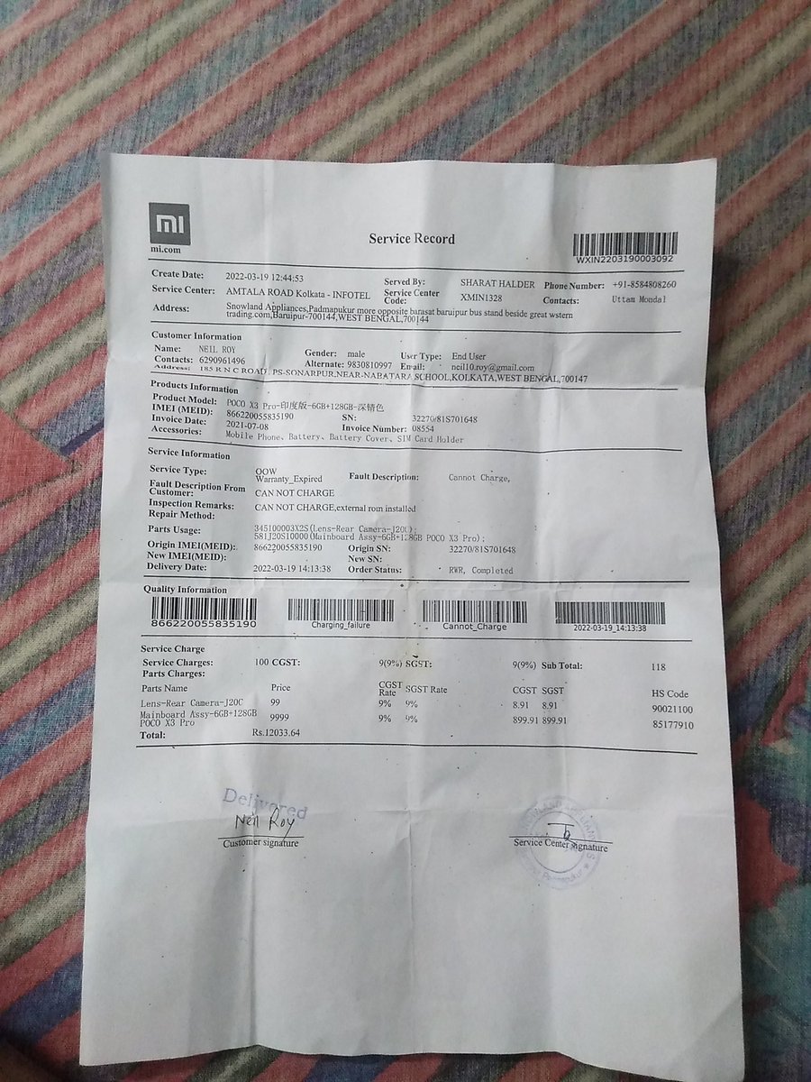 AnnuNeil's tweet photo. They billed this, although my device wasn't rooted or anything hell, Every body knows root access cancels warranty, In service centre they say bootloader unlock means rooted and saying this just deny warranty, 19000 Rupees device doesn't even lives one year @MiIndiaSupport https://t.co/54X15I1KCf