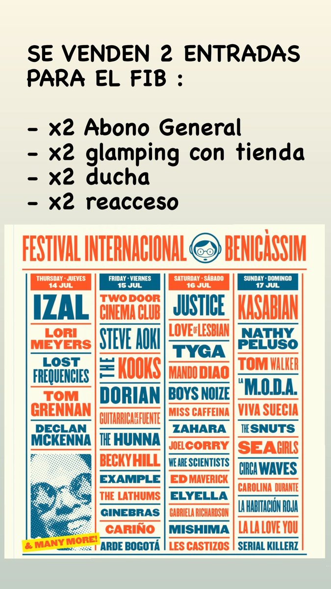 RacheelFdez's tweet photo. Se venden DOS ENTRADAS para el festival internacional de Benicassim del 14 al 17 Julio. 

Vendemos: 
- x2 Abono General 
- x2 glamping con tienda 
- x2 ducha 
- x2 reacceso 

TODO POR 200€

#fib #festivalinternacionalbenicassim #benicassim #abono #festivalbenicassim #festival https://t.co/Vu8C8Jyyse