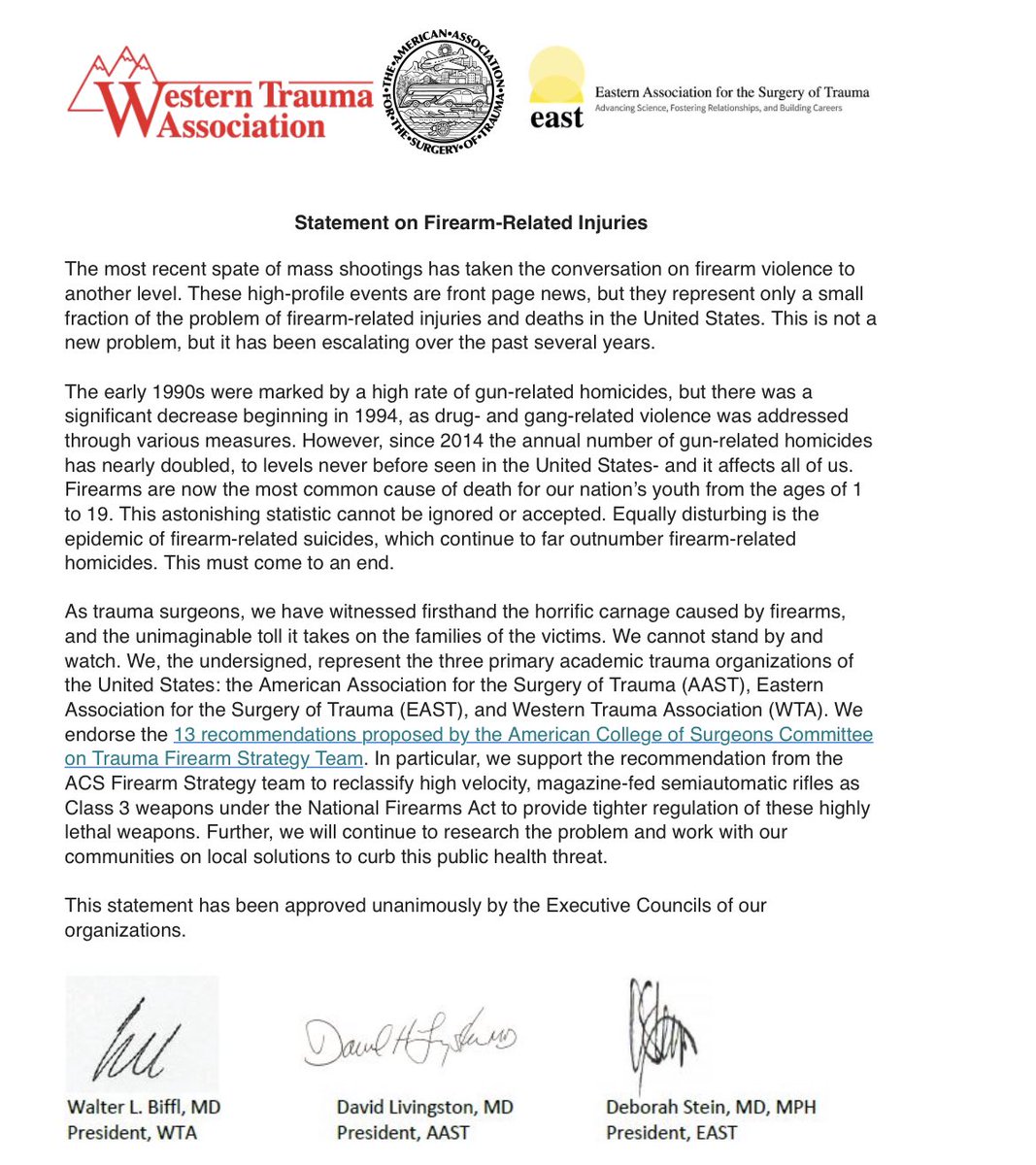 AAST, EAST and WTA statement on joint firearm related injury