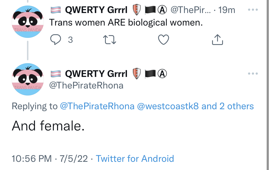 CrazyBlueNews's tweet photo. .@ThePirateRhona has made the crazy stupid claim that "trans women are biological women and female." 🤡 😂 https://t.co/VbEYQlb8Mf
