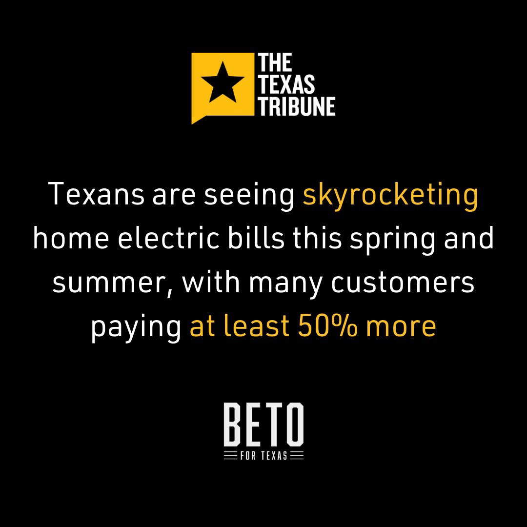 Beto O'Rourke (@betoorourke) on Twitter photo We're paying an average of $45 more per month on our energy bills for decades to come because Abbott put the profits of his price gouging donors ahead of the people of Texas. We're paying an average of $45 more per month on our energy bills for decades to come because Abbott put the profits of his price gouging donors ahead of the people of Texas.
