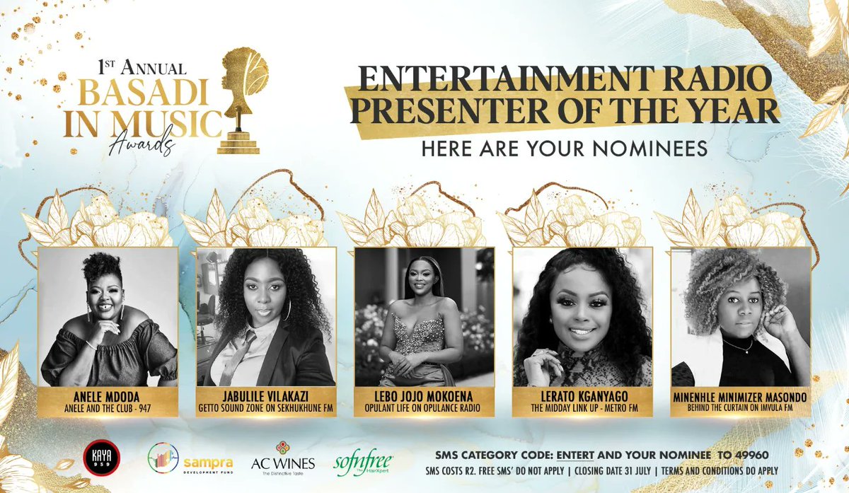 Basadi_awards's tweet photo. Your Entertainment Radio Presenter of the year 🥳🥳

@Anele
@Leratokganyago
Lebo Jojo Mokoena
Jabulile Vilakazi
Minenhle Masondo

#BIMAnominations https://t.co/Zb5koZ7qiM