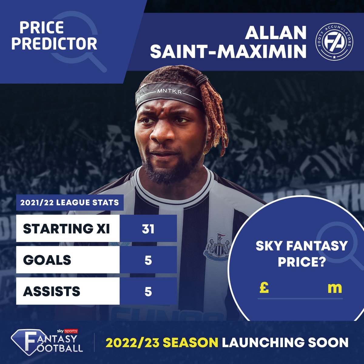 FootyAccums's tweet photo. The brilliant Allan Saint-Maximin cost £7.9m last season 💰

🎩🇫🇷 Expecting this baller to play a big role in Newcastle's fight for a European spot next season!

Could ASM be one for your fantasy team XI? 👀

#PricePredictor | #Ad https://t.co/cv5xgSCaam