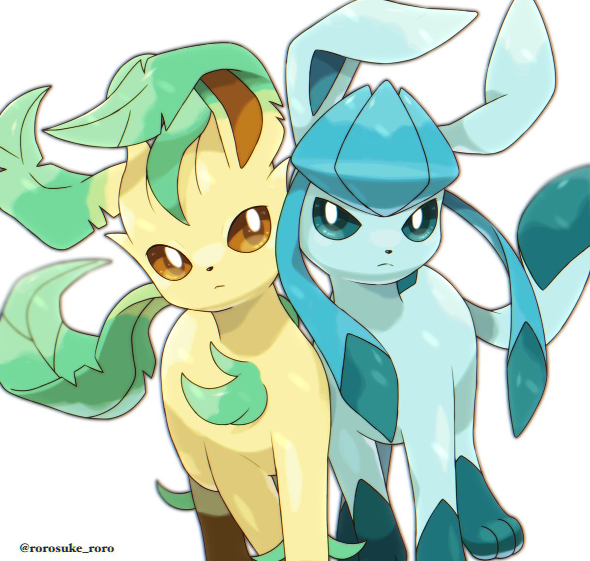 glaceon ,leafeon pokemon (creature) no humans closed mouth brown eyes white background simple background twitter username  illustration images