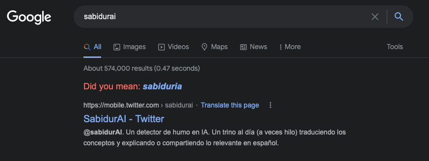 sabidurAI's tweet photo. El trino del día es para sacar pecho: nos tomó seis meses, pero cuando escriben "sabudurAI" en google ya no aparecemos como error de teclado (antes ni salíamos en la búsqueda) #goals #pasoapaso #Tipdeliceberg #hashtag #otrohashtag #ultimohashtag https://t.co/GtzekdpLZL