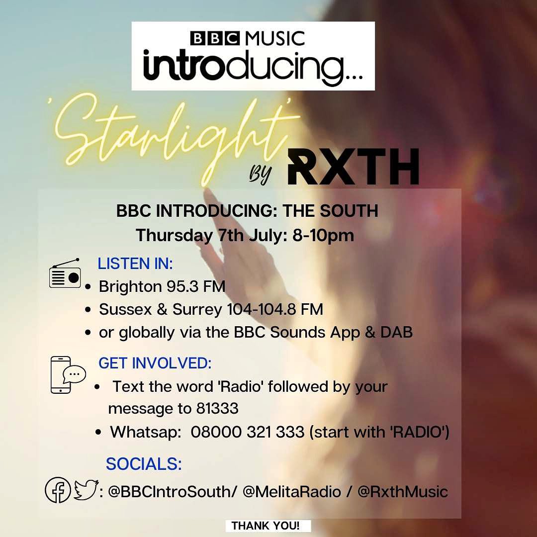 Oooh! BBC Introducing:The South, are going to give my new single ‘Starlight’ a spin tomo night! 😃 Listen in 8-10pm Thurs night (Brighton 95.3, Sussex &amp; Surrey 104-104.8 FM, or the BBC Sounds App) to hear the fabulous @MelitaRadio do her thing! 🌟
