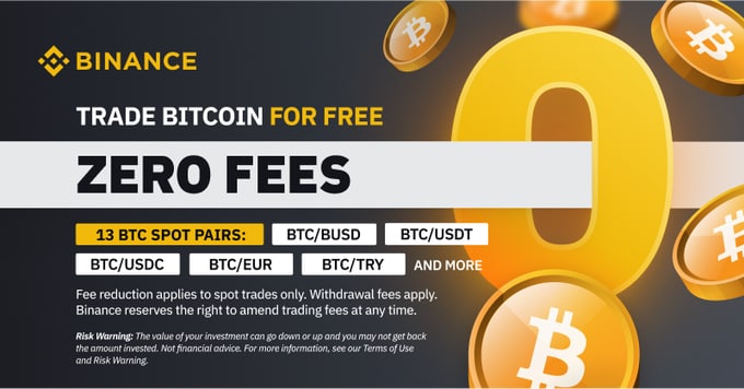Introducing Zero Fee Bitcoin Spot Trading on Binance! In honor of BinanceTurns5, we have removed spot trading fees on 13 BTC trading pairs including $USDT, BUSD, $USDC and $EUR
