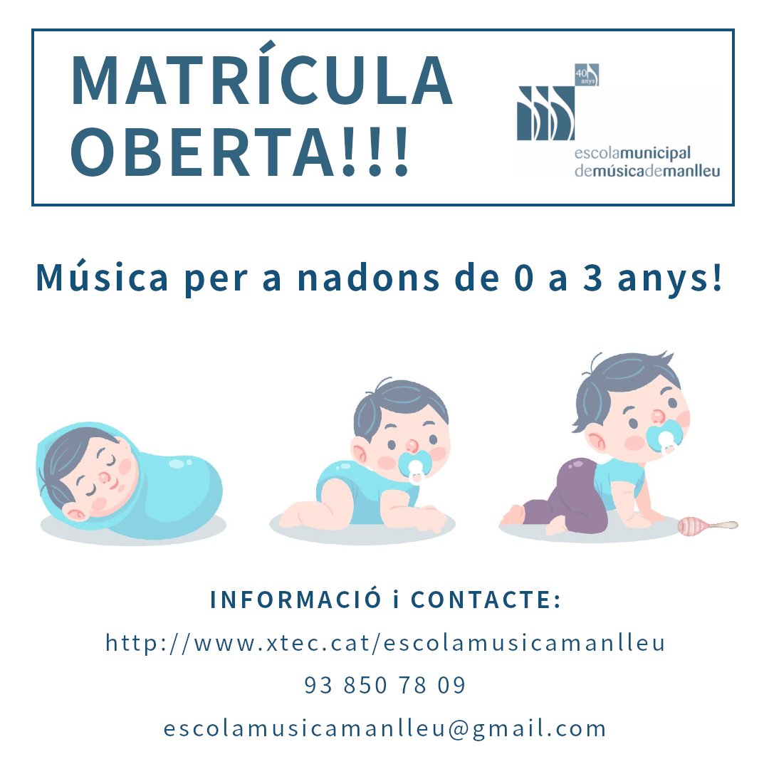 EMMManlleu's tweet photo. 📢ATENCIÓ NOVA OFERTA EDUCATIVA❗️

➡️El próxim curs 22-23 oferim Música per a Nadons de 0 a 3 anys durant tot el curs.

➡️Famílies interessades poseu-vos en contacte amb nosaltres i us informarem

☎️938507809
📩escolamusicamanlleu@gmail.com

@EMMManlleu https://t.co/Ska85UbNL6