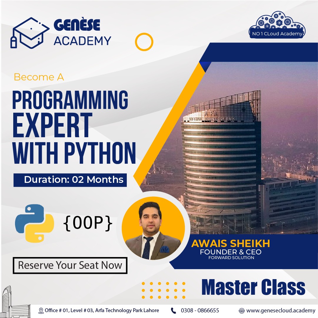 GeneseCloud's tweet image. Join our Master Class on Programming Expert with Python!
Course Details
> Course Duration: 2 Months
Contact us:
📲 Call: 0308-0866655
🌐 Website: genesecloud.academy
#genesecloud #programming #programmingexpert #python #FullstackPython #pythonlearning #pythonprogramming