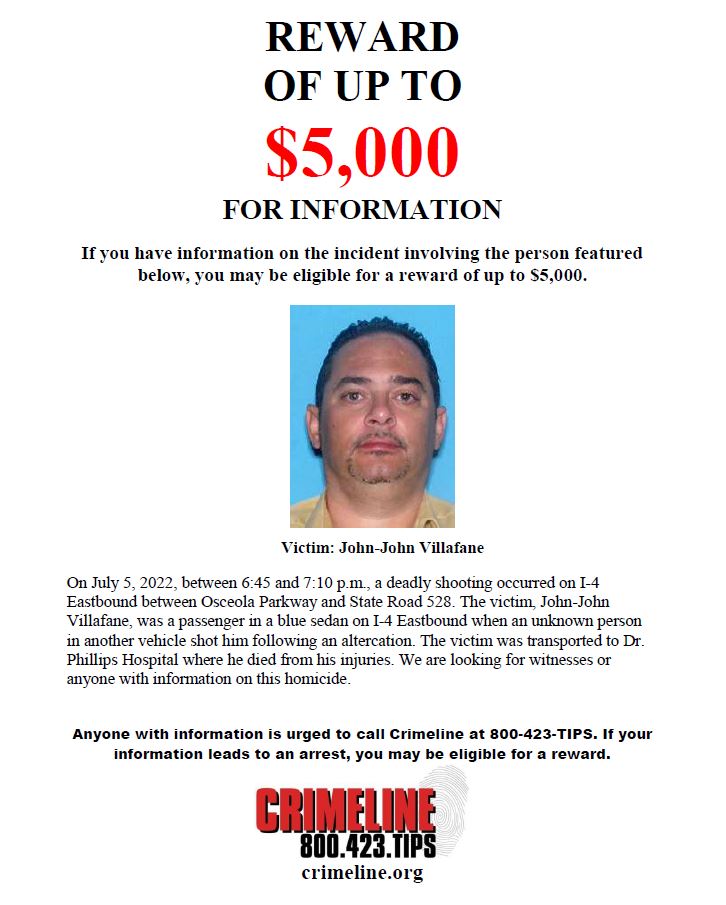 HELP FIND A KILLER: John-John Villafane, 53, was fatally shot last night on I-4 EB between Osceola Pkwy & SR 528. Someone in another car shot him after an altercation. Our Homicide detectives need help to ID the shooter. We urge anyone w/ info to call @CrimelineFL at 800-423-8477