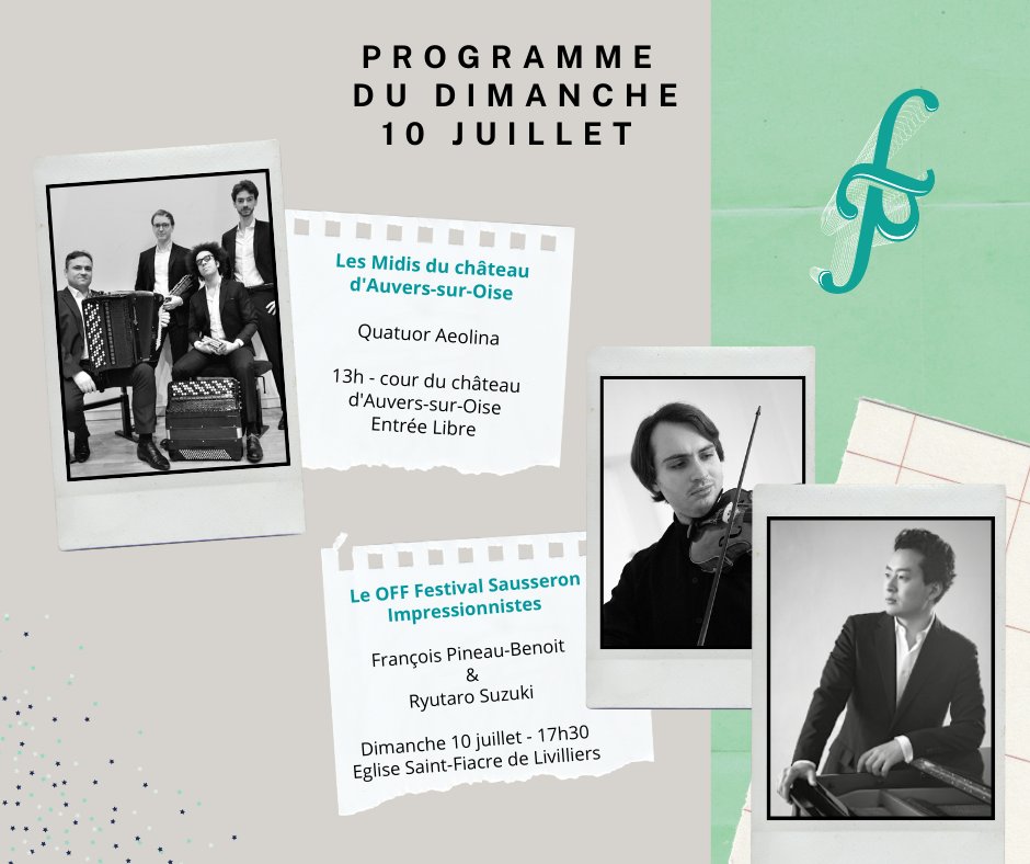 En ce dimanche 10 juillet retrouvez 2 concerts : 
- le Quatuor Aeolina à 13h dans la cour du château d'Auvers-sur-Oise 
- François Pineau-Benois au violon et Ryutaro Suzuki au piano à l'Eglise Saint-Fiacre de Livilliers à 17h30 

festival-auvers.com 

#musiqueclassique