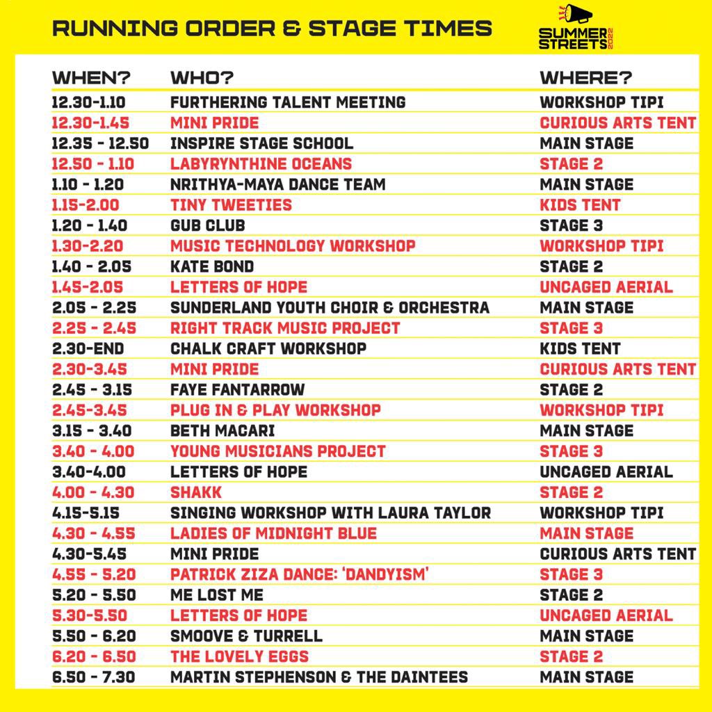 Here’s our handy running order for #SummerStreetsFestival to help you plan your day! See you on Saturday!☀️