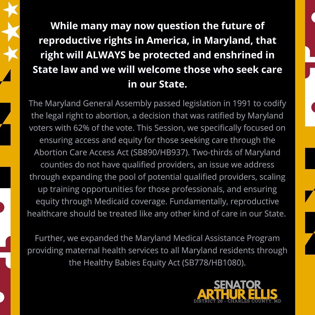 MD Senator Arthur Ellis (@senatorellis28) on Twitter photo Maryland will always support your right to choose and we will welcome those who seek care in our great state! #charlescountymd #righttochoose #hereforyou #herchoice #abortionishealthcare Maryland will always support your right to choose and we will welcome those who seek care in our great state! #charlescountymd #righttochoose #hereforyou #herchoice #abortionishealthcare